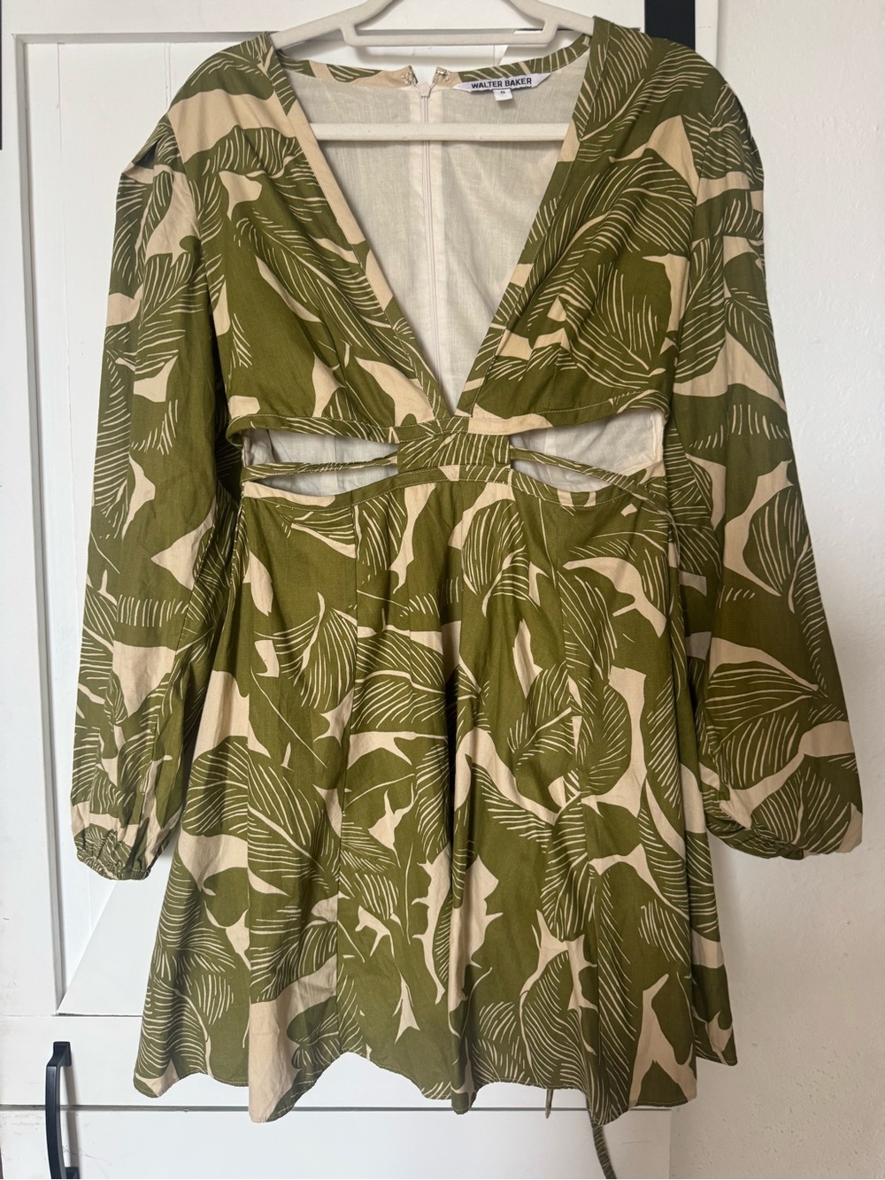 Walter Baker Olive & Cream Leaf-Print Long Sleeve Cutout Dress